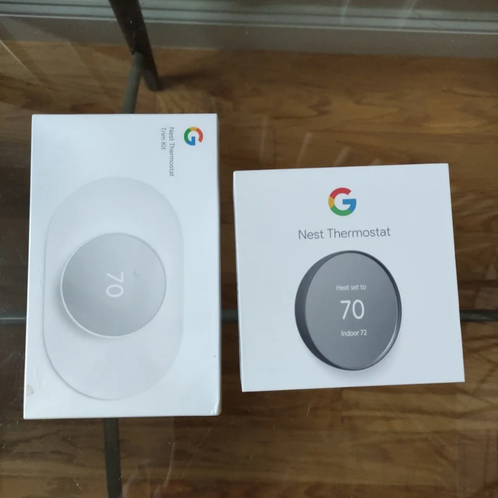 New Open Box Google G4CVZ Nest Thermostat Black and New Sealed Trim Kit